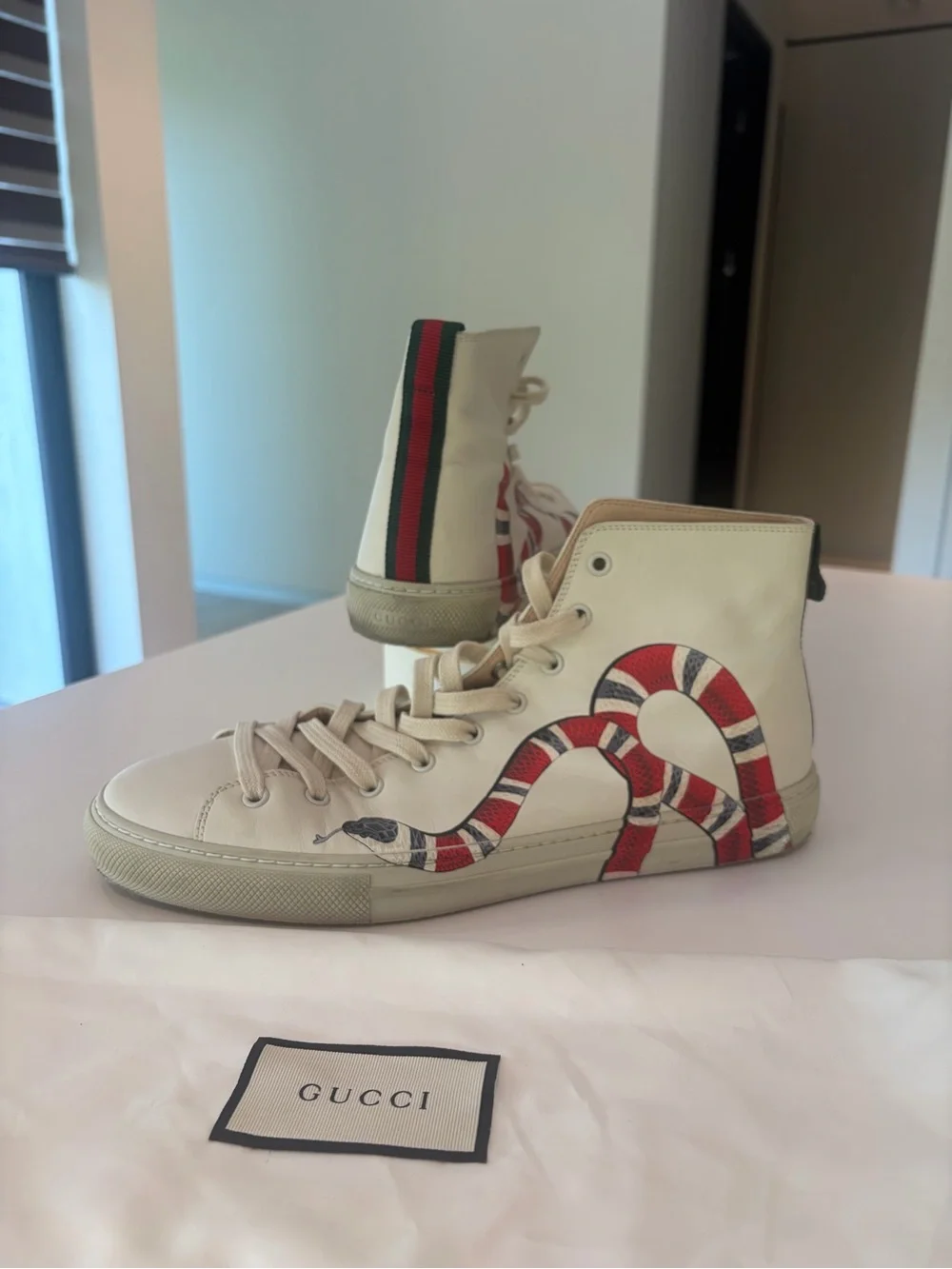 Gucci Cream Leather High-Top Sneakers with Red & Black Snake